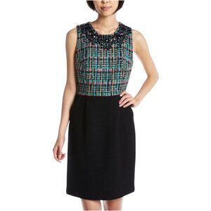 Milly Dress Size 4 Beaded Black Pink Teal Plaid Tweed Wool Sleeveless Sheath y2k